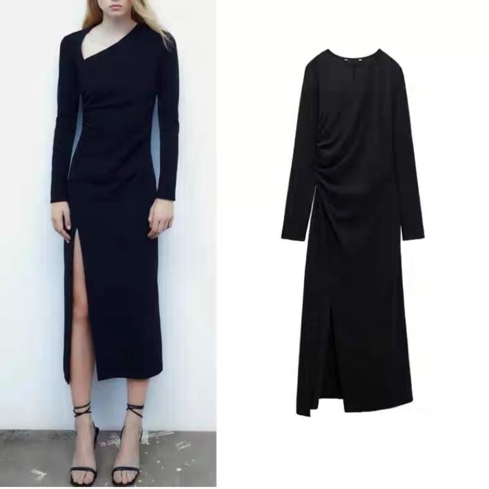 Zara Asymmetric Neck Black Dress Long Sleeve